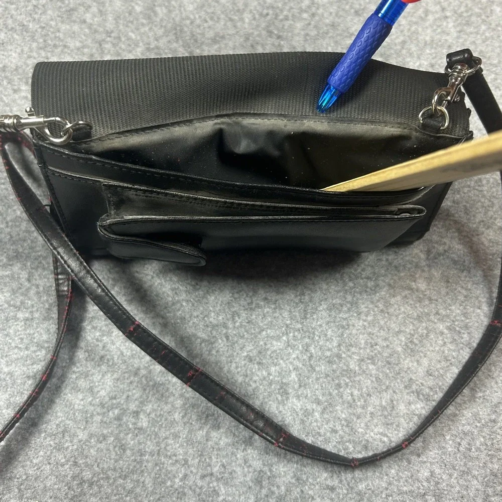 Buxton Organizer Crossbody Bag Small Black Leather Ribbed Textile